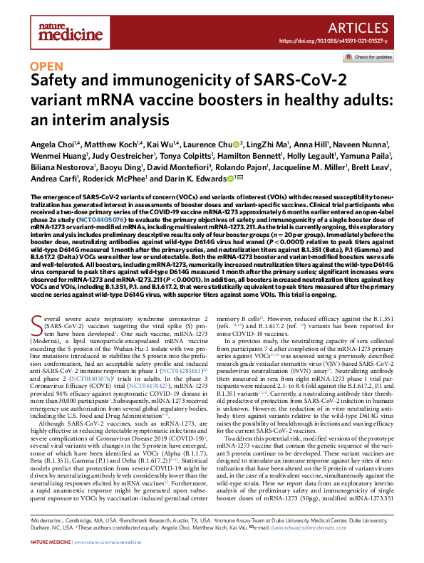 (PDF) Safety and immunogenicity of SARS-CoV-2 variant mRNA vaccine ...