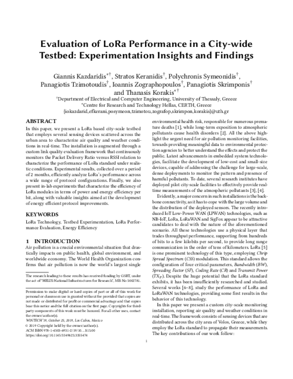 (PDF) Evaluation of LoRa Performance in a City-wide Testbed ...