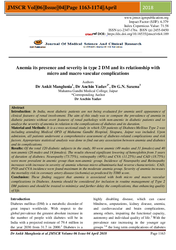 (PDF) Anemia its presence and severity in type 2 DM and its ...