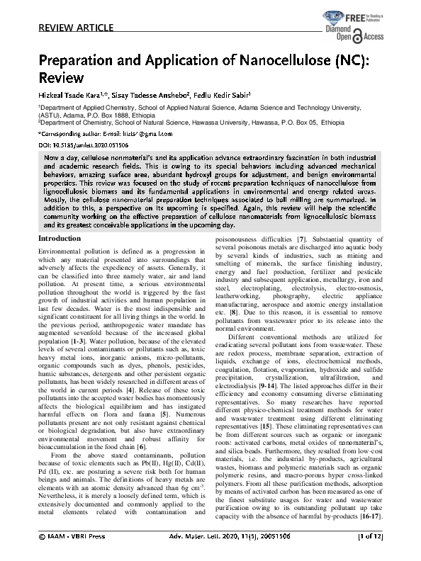 (PDF) Preparation And Application Of Nanocellulose (NC): Review