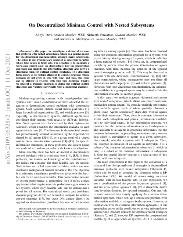 (PDF) On Decentralized Minimax Control with Nested Subsystems