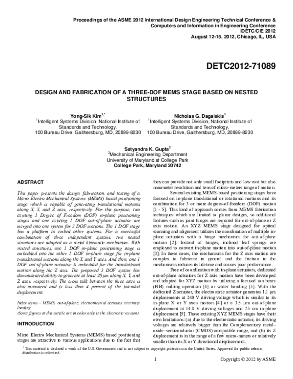 (PDF) Design and Fabrication of a Three-DoF MEMS Stage Based on Nested ...