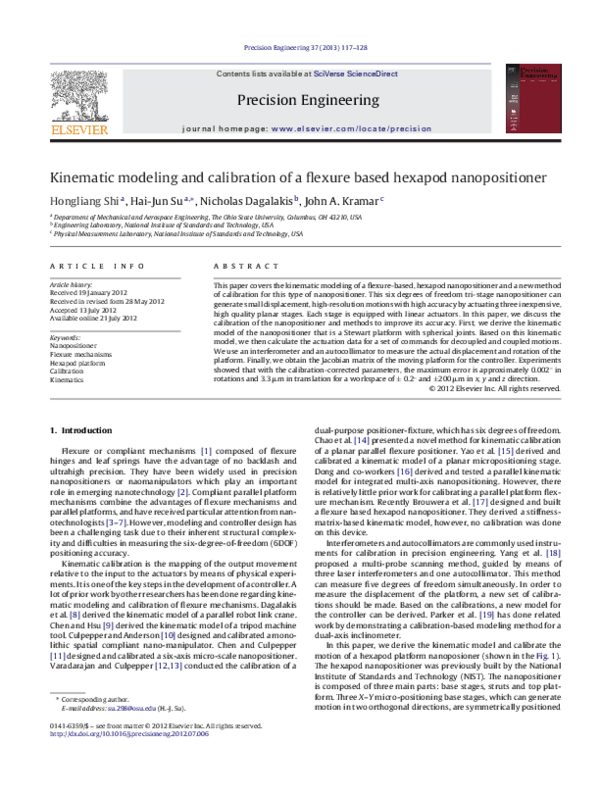 (PDF) Kinematic modeling and calibration of a flexure based hexapod ...