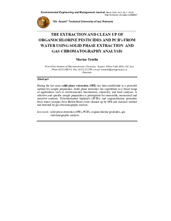 (PDF) THE EXTRACTION AND CLEAN UP OF ORGANOCHLORINE PESTICIDES AND PCB's FROM WATER USING SOLID