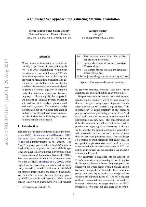 (PDF) A Challenge Set Approach to Evaluating Machine Translation