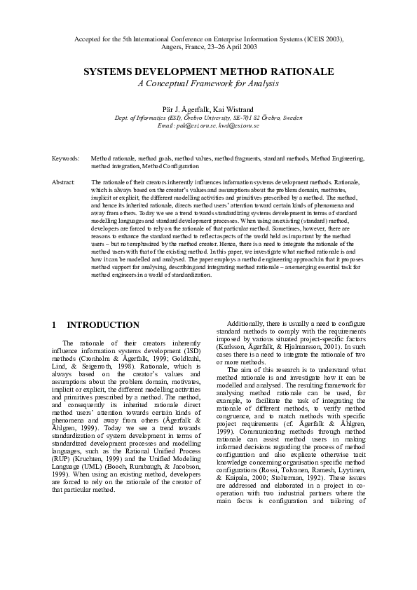 (PDF) Systems Development Method Rationale: A Conceptual Framework for ...