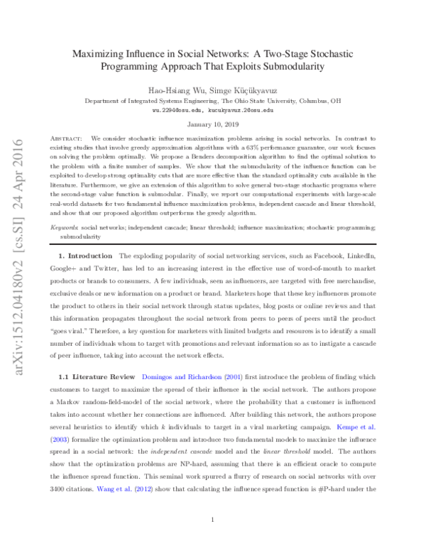 (PDF) Maximizing Influence in Social Networks: A Two-Stage Stochastic ...