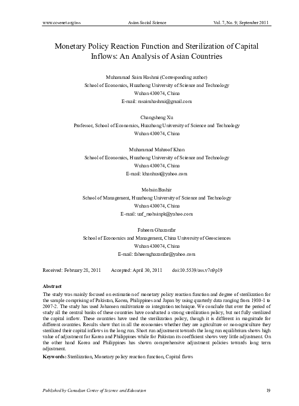 (PDF) Monetary Policy Reaction Function and Sterilization of Capital ...
