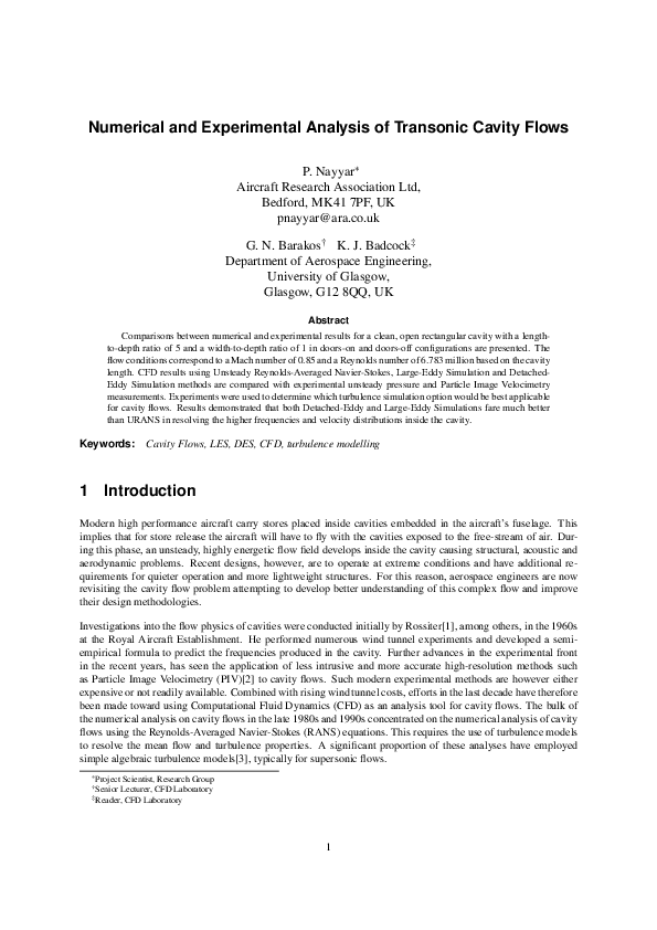(PDF) Numerical and Experimental Analysis of Transonic Cavity Flows