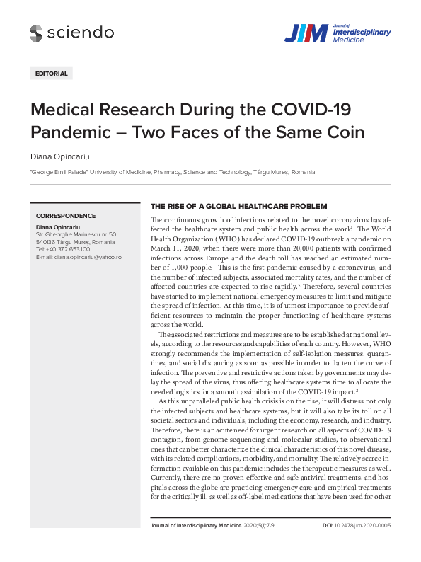 (PDF) Medical Research During the COVID-19 Pandemic – Two Faces of the ...