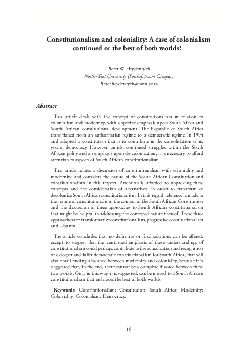 (PDF) Constitutionalism and coloniality: A case of colonialism ...