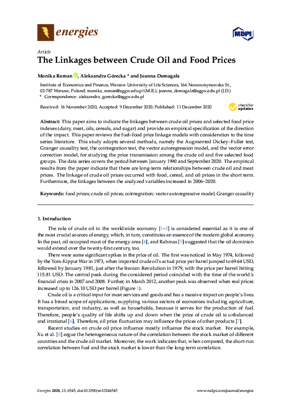 (PDF) The Linkages between Crude Oil and Food Prices Joanna