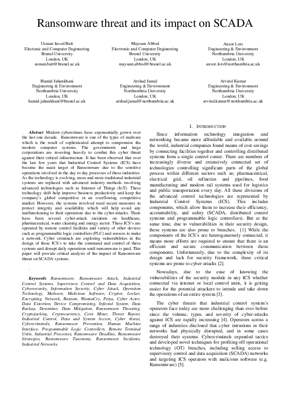 (PDF) Ransomware Threat and its Impact on SCADA