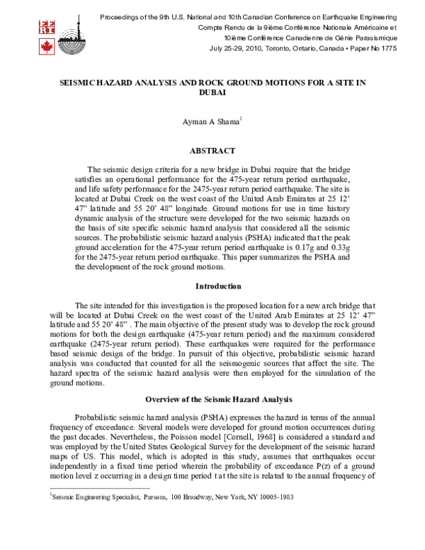 (PDF) Seismic Hazard Analysis and Rock Ground Motions for a Site in Dubai