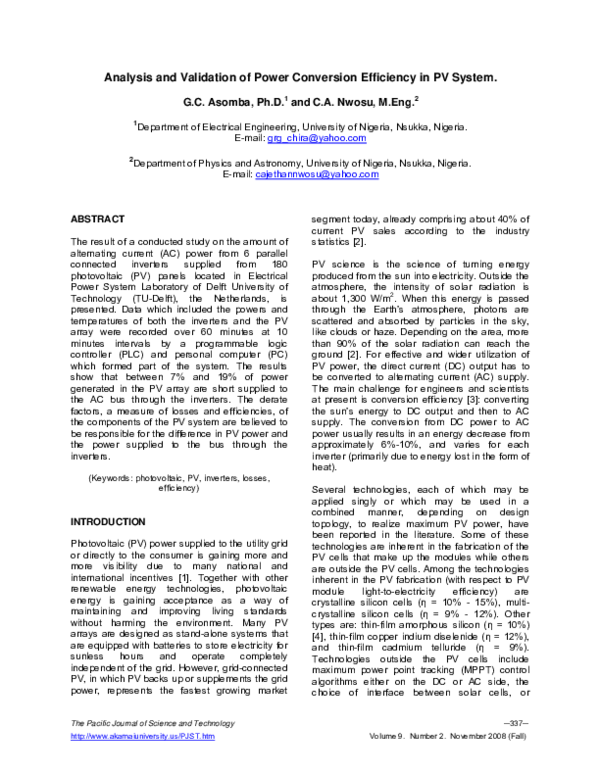 (PDF) Analysis and Validation of Power Conversion Efficiency in PV System