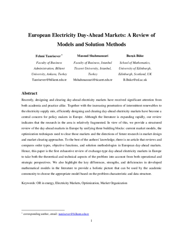 (PDF) European Electricity Day-Ahead Markets: A Review of Models and ...