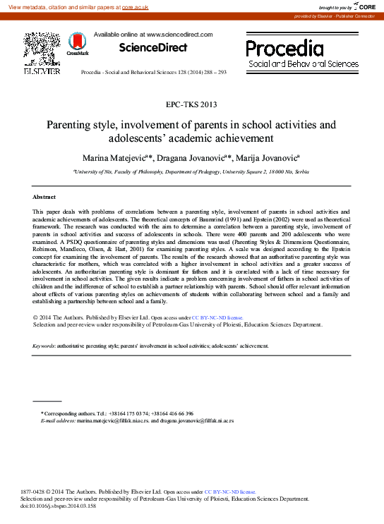 (PDF) Parenting Style, Involvement of Parents in School Activities and ...