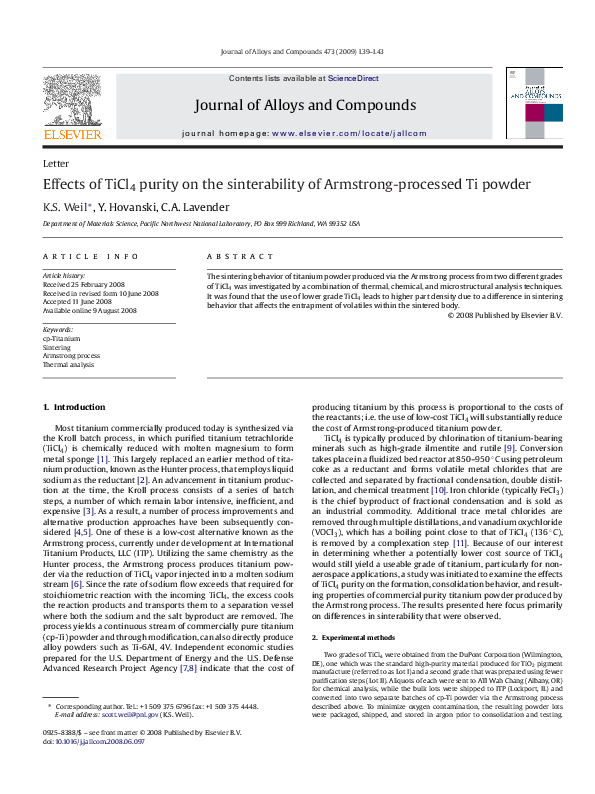 (PDF) Effects of TiCl4 purity on the sinterability of Armstrong ...