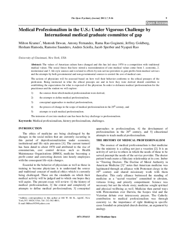 (PDF) Medical Professionalism in the US: Under Vigorous Challenge by ...
