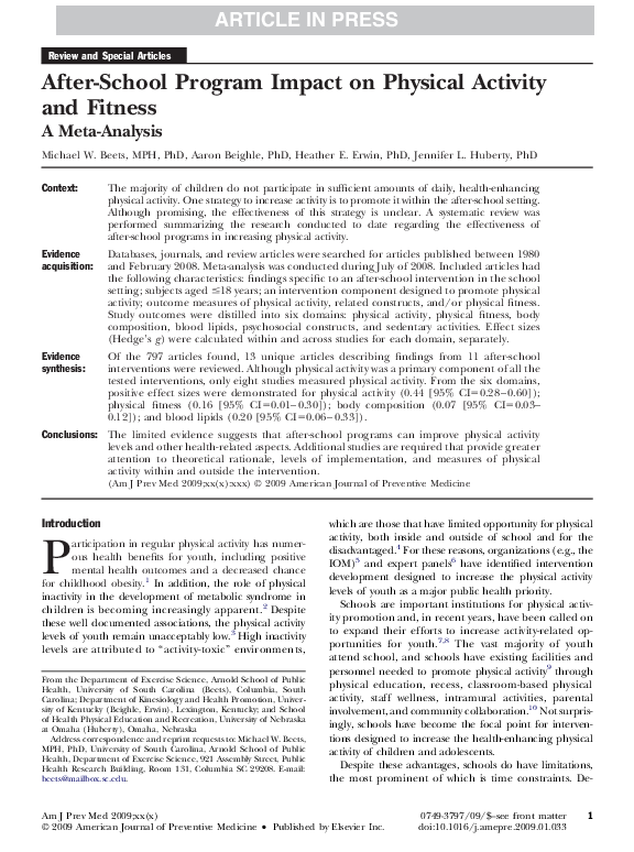 (PDF) After-School Program Impact on Physical Activity and Fitness