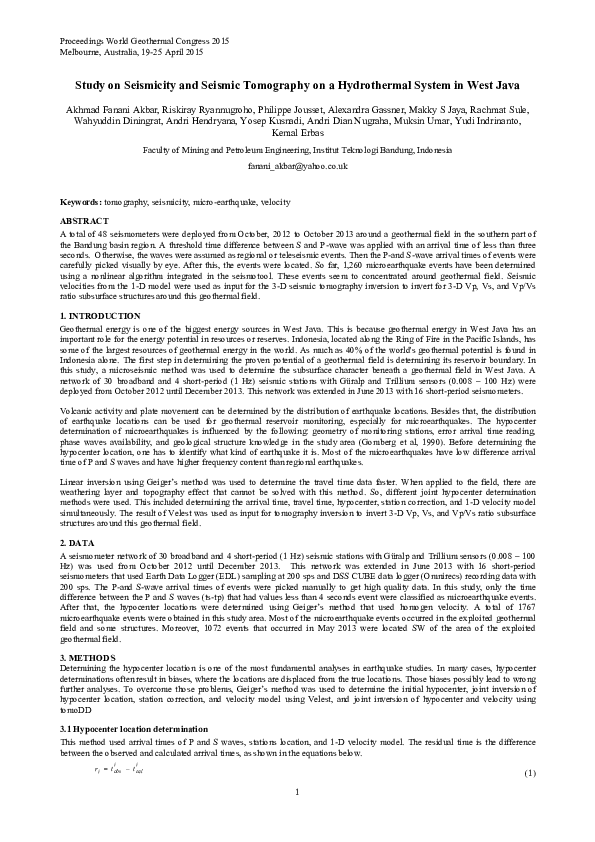 (PDF) Study on Seismicity and Seismic Tomography on a Hydrothermal ...