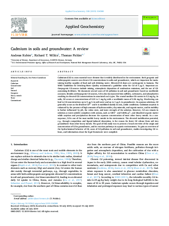 (PDF) Cadmium in soils and groundwater A review Richard Wilkin