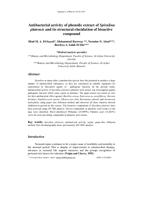 (PDF) Antibacterial activity of phenolic extract of Spirulina platensis ...