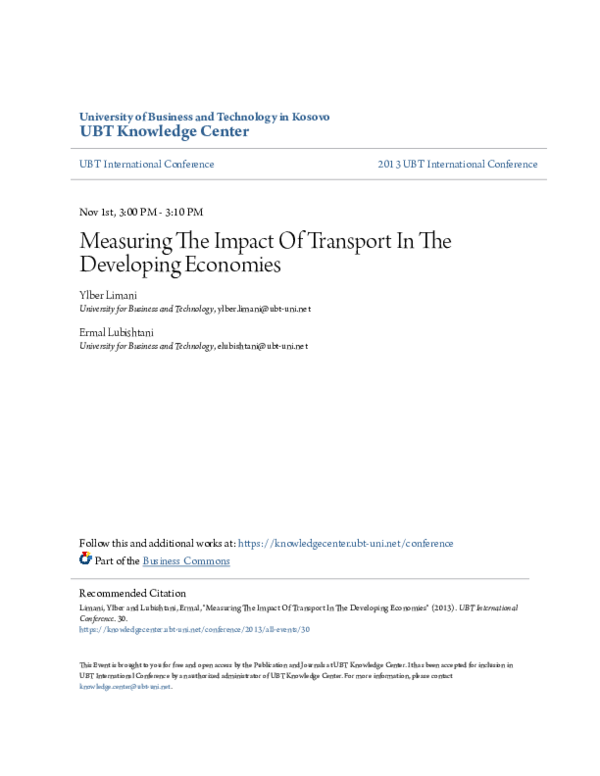 (PDF) Measuring The Impact Of Transport In The Developing Economies
