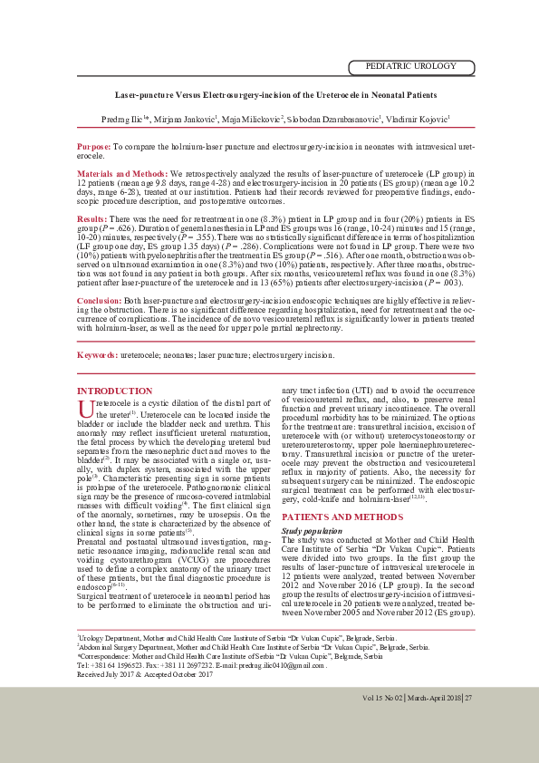 (PDF) Laserpuncture Versus Electrosurgeryincision of the Ureterocele