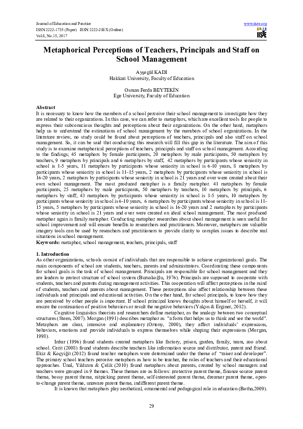 (PDF) Metaphorical Perceptions of Teachers, Principals and Staff on ...