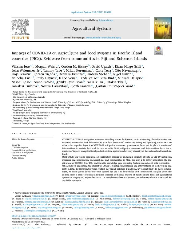 (PDF) Impacts of COVID-19 on agriculture and food systems in Pacific ...