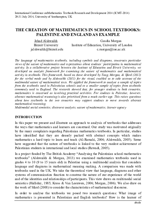 (PDF) The Creation of Math Ematics in School Te Xtbooks : Palestine and ...
