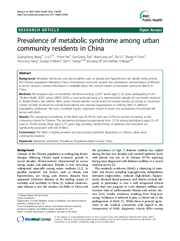 (PDF) Prevalence of metabolic syndrome among urban community residents ...
