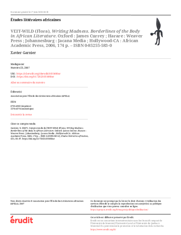(PDF) Veit-Wild (Flora), Writing Madness. Borderlines of the Body in ...
