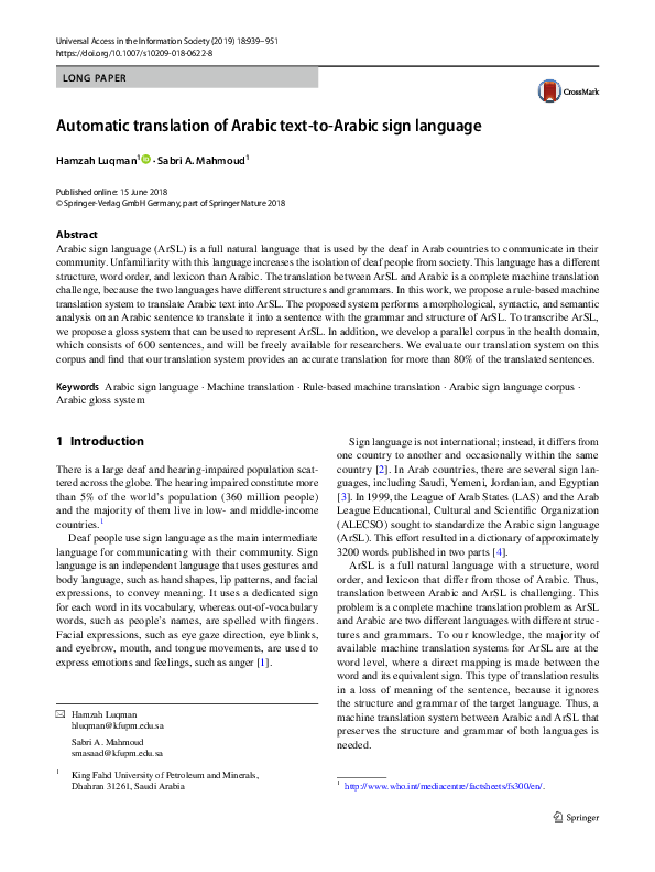 (PDF) Automatic Translation of Arabic Text to Arabic Sign Language