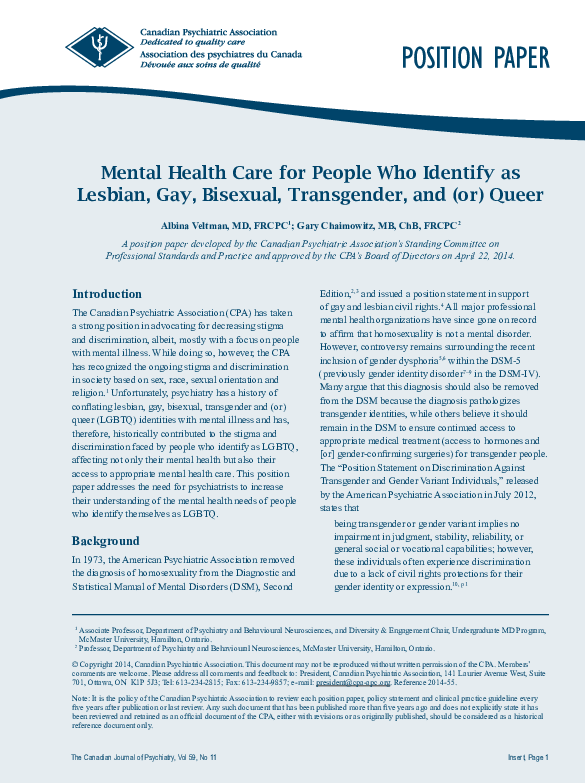 (PDF) Mental Health Care for People Who Identify as Lesbian, Gay ...