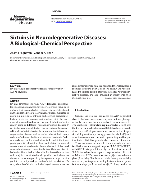 (PDF) Sirtuins in Neurodegenerative Diseases: A Biological-Chemical ...