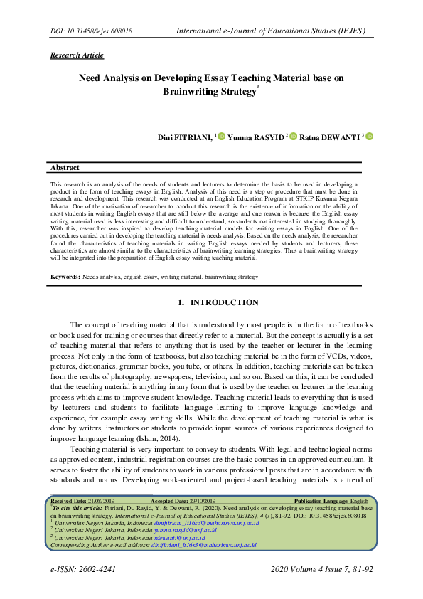 (PDF) Need Analysis on Developing Essay Teaching Material base on ...