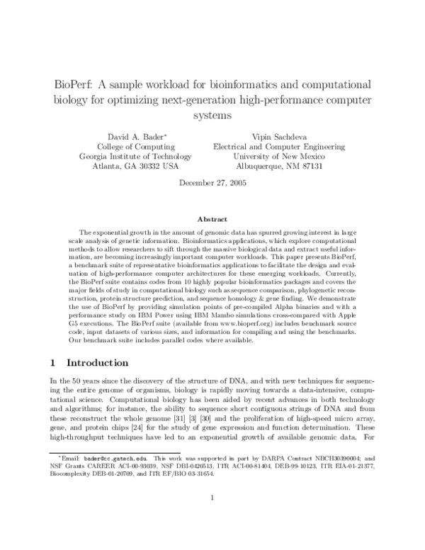 (PDF) BioPerf: A sample workload for bioinformatics and computational ...