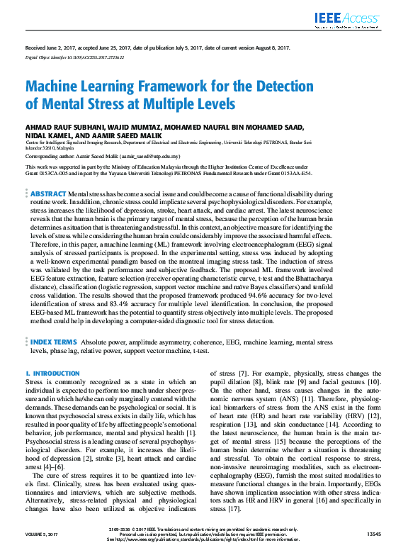 (PDF) Machine Learning Framework for the Detection of Mental Stress at ...