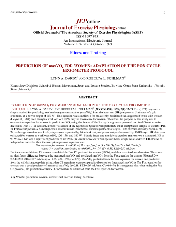 PDF) PREDICTION OF maxVO2 FOR WOMEN: ADAPTATION OF THE FOX CYCLE 