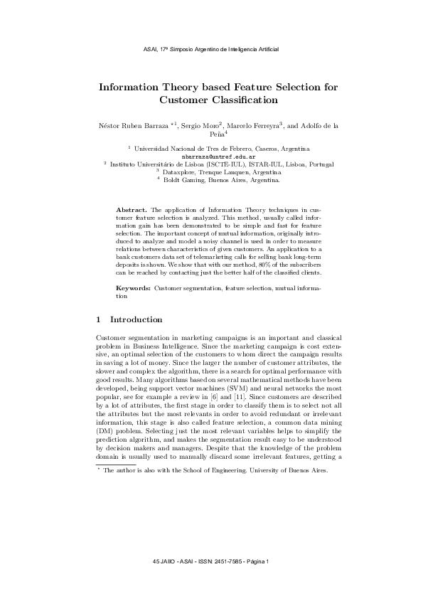 (PDF) Information Theory based Feature Selection for Customer ...