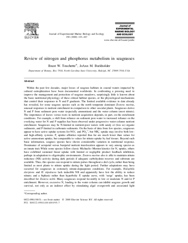 (PDF) Review of nitrogen and phosphorus metabolism in seagrasses