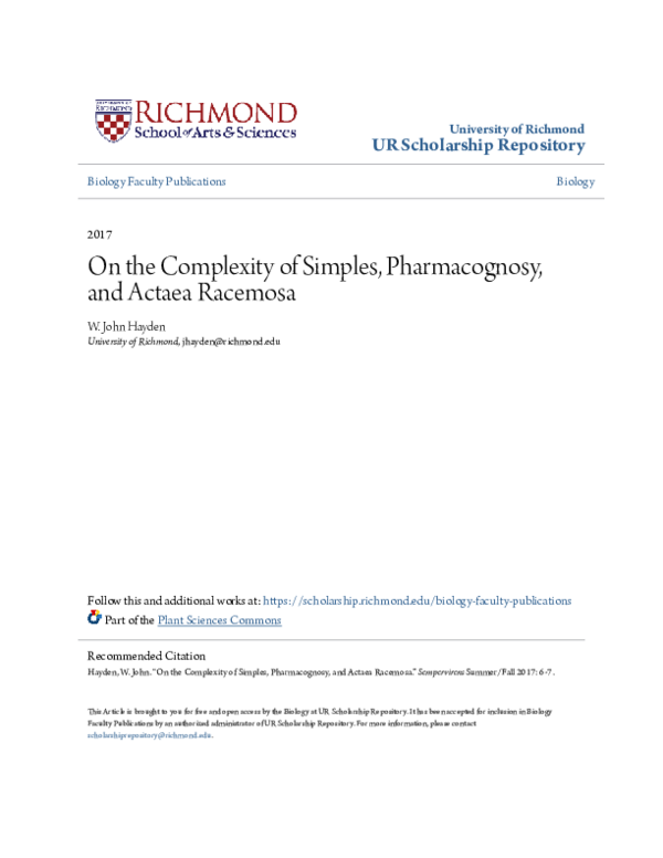 (PDF) On the Complexity of Simples, Pharmacognosy, and Actaea Racemosa