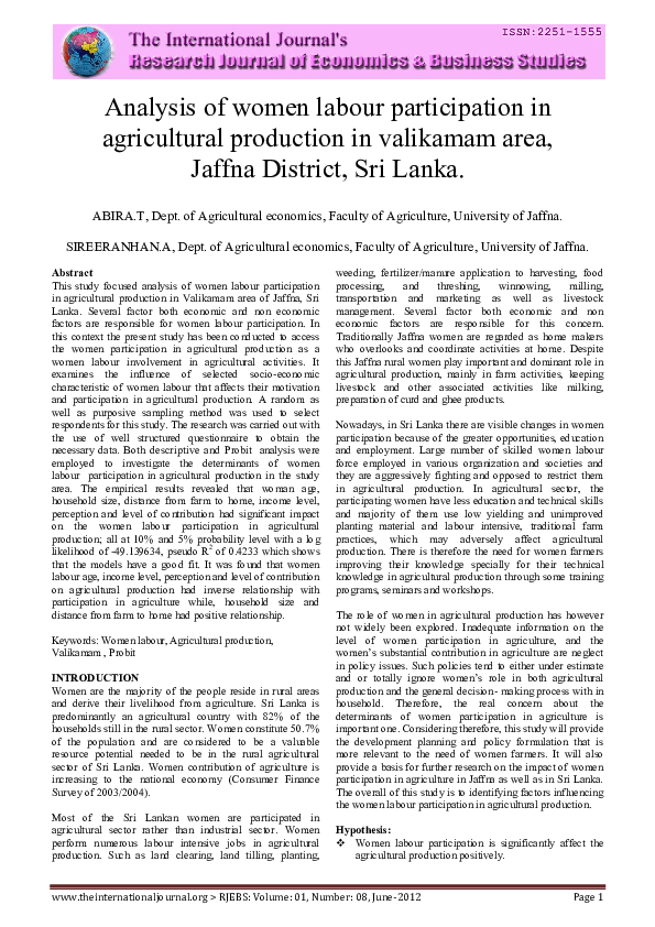 (PDF) Analysis of Women Labour Participation in Agricultural Production ...