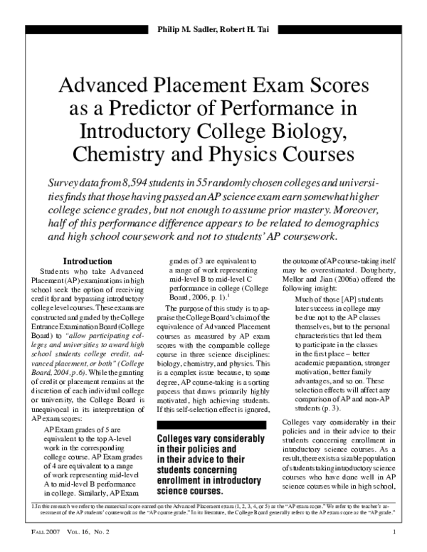 (PDF) Advanced Placement exam scores as a predictor of performance in ...