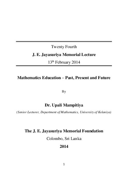 (PDF) Mathematics Education - Past, Present and Future