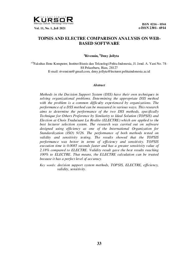 (PDF) A Topsis and Electre Comparison Analysis on Web-Based Software