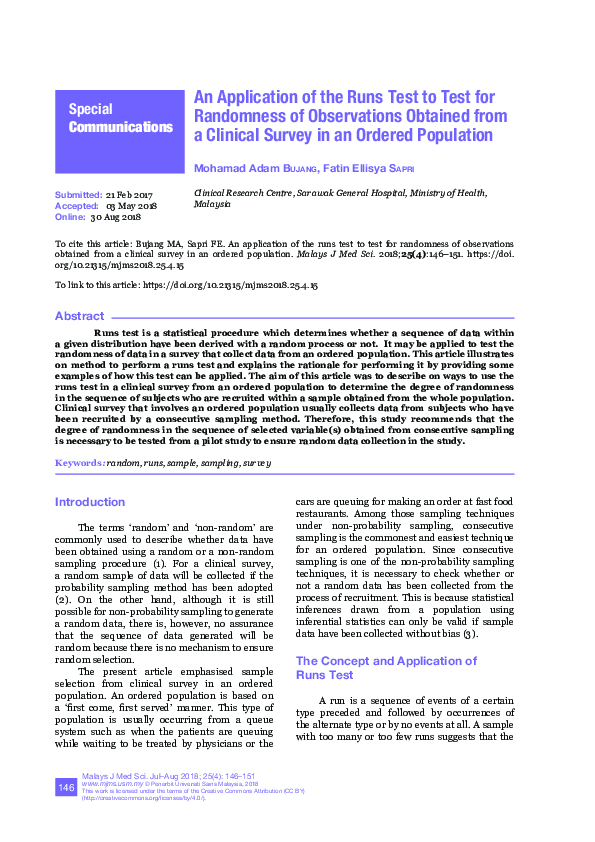 (PDF) An Application of the Runs Test to Test for Randomness of ...