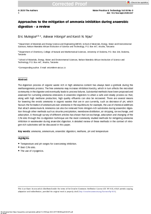 (PDF) Approaches to the mitigation of ammonia inhibition during ...